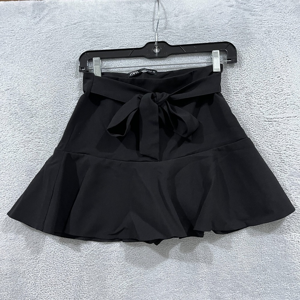 ZARA Mini Skort Womens XS Black Lined Athleisure Stretch Ruffled Hem Tie Waist